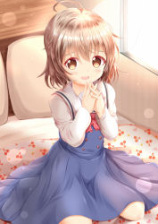 Rule 34 | 1girl, :d, ahoge, bed sheet, blue dress, blush, bow, brown eyes, brown hair, cherry print, commentary request, day, dress, eyebrows hidden by hair, food print, hair between eyes, hands up, highres, indoors, interlocked fingers, konomori kanon, long sleeves, looking at viewer, open mouth, own hands together, pillow, red bow, sailor collar, sailor dress, school uniform, shirt, sitting, sleeveless, sleeveless dress, smile, solo, sunlight, watashi ni tenshi ga maiorita!, white sailor collar, white shirt, window, xenon (for achieve)