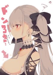 Rule 34 | 1girl, arrow (projectile), azur lane, bare shoulders, black dress, blush, breasts, dress, earrings, formidable (azur lane), frilled dress, frills, from side, grey hair, hair ornament, hair ribbon, highres, jewelry, large breasts, long hair, looking afar, muuran, red eyes, ribbon, simple background, solo, squiggle, sweatdrop, translated, twintails, upper body, wavy mouth, white background