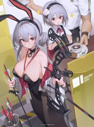 Rule 34 | 1boy, 2girls, :o, absurdres, animal ears, archery, arrow (projectile), bare shoulders, bilibili xiaolu, binoculars, blush, bow (weapon), breasts, choker, cleavage, collarbone, collared shirt, compound bow, cookie, fake animal ears, food, grey hair, hair between eyes, hair ornament, highres, holding, holding bow (weapon), holding weapon, id card, large breasts, leotard, long hair, looking at viewer, multiple girls, original, pantyhose, playboy bunny, rabbit ears, red eyes, ribbon, round eyewear, shirt, smile, strapless, strapless leotard, weapon