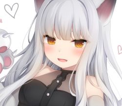 Rule 34 | 1girl, :d, amashiro natsuki, animal ears, animal hands, bad id, bad twitter id, bare shoulders, black dress, breasts, brown eyes, cat ears, collarbone, commentary request, covered collarbone, dress, eyebrows hidden by hair, fang, gloves, grey hair, long hair, looking at viewer, open mouth, original, paw gloves, see-through, simple background, sleeveless, sleeveless dress, small breasts, smile, solo, upper body, white background, white gloves
