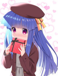 Rule 34 | 1girl, beret, blue hair, blunt bangs, blush, box, brown hat, brown jacket, commentary request, covered mouth, furude rika, gaou (babel), gift, gift box, grey shirt, grey skirt, hands up, hat, heart, heart background, heart in eye, higurashi no naku koro ni, holding, holding gift, jacket, long hair, looking at viewer, nose blush, open clothes, open jacket, pleated skirt, red eyes, shirt, skirt, solo, symbol in eye, valentine, very long hair, white background
