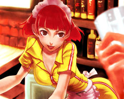 Rule 34 | 1girl, apron, atlus, brown eyes, catherine (game), erica anderson, headdress, lipstick, maid headdress, makeup, open mouth, p-kana, red hair, short hair, solo, waitress