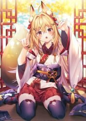 1girl animal_ears black_thighhighs blonde_hair blurry blurry_background cowlick fox_ears full_body hair_intakes hair_ornament hand_puppet hikikomari_kyuuketsuki_no_monmon japanese_clothes kimono long_hair obi obijime okobo open_mouth platform_sandals pleated_skirt puppet red_eyes riichu sandals sash sitting skirt solo terakomari_gandezblood thighhighs wariza wooden_floor x_hair_ornament