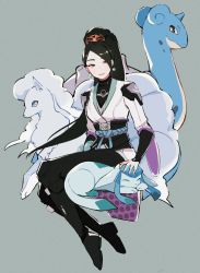 Rule 34 | 1girl, alolan form, alolan ninetales, animification, black eyes, black hair, black pants, blue eyes, breasts, commentary, creatures (company), crossover, earrings, floating hair, game freak, gen 1 pokemon, gen 4 pokemon, gen 7 pokemon, glaceon, grey robe, hair behind ear, highres, hyoon (sockgyu), jewelry, lapras, long hair, medium breasts, nintendo, pants, petting, pokemon, pokemon (creature), ponytail, robe, sage (valorant), sitting, smile, symbol-only commentary, valorant, very long hair