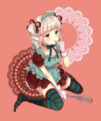 Rule 34 | 10s, 1girl, :o, aikatsu!, aikatsu! (series), apron, aqua eyes, blue eyes, blush, chocolate, choker, dress, drill hair, earrings, finger to mouth, food, frilled dress, frills, full body, gloves, gothic lolita, hair ribbon, headdress, heart, highres, jewelry, kotori (gokigen iori), lolita fashion, long hair, looking at viewer, maid, maid apron, maid headdress, no shoes, open mouth, puffy sleeves, red background, ribbon, simple background, sitting, skirt, solo, spatula, striped clothes, striped thighhighs, thighhighs, todo yurika, twin drills, twintails, valentine, wariza, whisk, white gloves, white hair, zettai ryouiki