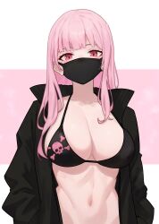 1girl absurdres bikini black_bikini black_jacket black_mask bluefield blush breasts cleavage collarbone hand_in_pocket highres hololive hololive_english jacket large_breasts linea_alba long_hair long_sleeves looking_at_viewer mask mori_calliope mouth_mask navel open_clothes open_jacket pink_background pink_eyes pink_hair skull_print solo stomach swimsuit two_side_up virtual_youtuber white_background