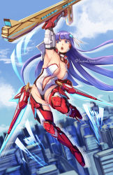 Rule 34 | 1girl, :o, absurdres, blue eyes, blue sky, blunt bangs, boots, cityscape, commentary, day, english commentary, fate/grand order, fate (series), flying, gloves, hair ornament, headgear, highleg, highleg leotard, highres, leotard, long hair, martha (aerial drive) (fate), martha (fate), mecha musume, multicolored clothes, multicolored gloves, purple hair, sky, solo, sunbandraws, thigh boots, thighhighs, thrusters, twitter username, very long hair, weapon, white leotard