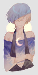 Rule 34 | androgynous, bare shoulders, blonde hair, character request, closed eyes, closed mouth, copyright request, crescent moon, facing viewer, gender request, grey background, hair between eyes, halterneck, long sleeves, moon, short hair, smile, solo, upper body, wide sleeves, yamakawa