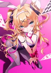 Rule 34 | 1girl, absurdres, ace (playing card), ace of hearts, akai haato, alternate costume, animal ears, aqua eyes, arm strap, bare shoulders, black footwear, black leotard, black ribbon, blonde hair, bound, bound wrists, bow, bowtie, breasts, card, card in mouth, cleavage, colored inner hair, commentary request, detached collar, fake animal ears, fishnet pantyhose, fishnets, from above, haaton (akai haato), hair between eyes, hair ornament, hair ribbon, hairclip, headband, heart, heart hair ornament, high heels, highres, hololive, large breasts, leaning forward, leotard, long hair, looking at viewer, makinan, mouth hold, multicolored hair, pantyhose, pink background, pink hair, pink nails, playboy bunny, playing card, rabbit ears, rabbit hole (vocaloid), ribbon, smile, solo, spaghetti strap, standing, teardrop facial mark, twintails, two side up, very long hair, virtual youtuber, white headband, x hair ornament