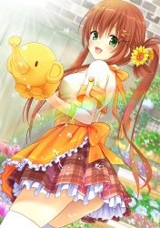 Rule 34 | 1girl, aimori meguru, apron, blush, breasts, brown hair, brown skirt, commentary, day, dutch angle, florist, flower, frilled apron, frills, green eyes, hair between eyes, hair flower, hair ornament, hairclip, highres, indoors, long hair, medium breasts, moe2016, open mouth, orange apron, original, petticoat, plaid, plaid skirt, ponytail, rainbow, revision, skirt, smile, solo, thighhighs, waist apron, water drop, watering can, white thighhighs
