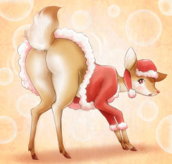 Rule 34 | 1girl, ass, blush, deer, female focus, furry, furry female, hooves, melonleaf, no humans, red eyes, santa costume, solo, tagme, tail