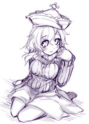 Rule 34 | 1girl, blush, breasts, female focus, hat, kazetto, merlin prismriver, monochrome, purple theme, ribbed sweater, sitting, sketch, skirt, smile, solo, sweater, touhou
