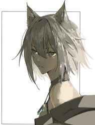 Rule 34 | 1girl, animal ears, arknights, blue gemstone, border, cat ears, commentary, english commentary, from side, gem, glaring, green eyes, grey hair, hair between eyes, hamha s, jewelry, kal&#039;tsit (arknights), looking at viewer, necklace, off shoulder, outside border, parted lips, portrait, short hair, simple background, solo, v-shaped eyebrows, white background