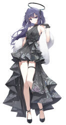 Rule 34 | 1girl, absurdres, alternate costume, black dress, black footwear, black gloves, blue archive, closed mouth, dress, full body, gloves, gnns, halo, highres, long hair, looking at viewer, mechanical halo, non-web source, purple eyes, purple hair, shoes, simple background, smile, solo, thigh strap, two side up, white background, yuuka (blue archive)