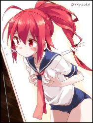 Rule 34 | 10s, 1girl, blush, grabbing another&#039;s breast, grabbing, i-168 (kancolle), kantai collection, long hair, necktie, old school swimsuit, ponytail, red eyes, red hair, school swimsuit, school uniform, grabbing own breast, serafuku, solo, suka, swimsuit, swimsuit under clothes, twitter username