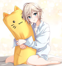 Rule 34 | 1girl, anastasia (idolmaster), bed sheet, blue eyes, body pillow, commentary, eyelashes, highres, holding, holding pillow, idolmaster, idolmaster cinderella girls, light blush, long sleeves, looking at viewer, messy hair, on bed, oversized clothes, oversized shirt, pillow, popon ta, shirt, short hair, simple background, sitting, smile, solo, wariza, white hair, white shirt