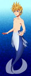 Rule 34 | 1boy, aquajet, blonde hair, blue background, blue eyes, commission, fins, full body, gills, head fins, highres, kingdom hearts, male focus, merman, monster boy, navel, no nipples, open mouth, roxas, scales, solo, spiked hair, tail, the little mermaid, topless male, webbed hands