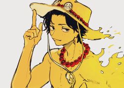 1boy black_hair closed_mouth commentary_request finger_on_hat fire freckles hat highres jewelry kora_(sinntaro) male_focus necklace one_piece pearl_necklace portgas_d._ace short_hair simple_background smile solo topless_male upper_body