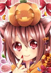 Rule 34 | 1girl, animal ears, bad id, bad pixiv id, blush, bow, brown hair, candy, cat ears, chen, finger to mouth, fingernails, food, halloween, heart, heart-shaped pupils, jack-o&#039;-lantern, jelly bean, lips, lollipop, looking at viewer, macaron, mitoki 6x6, nail, nail polish, object on head, portrait, pumpkin, red eyes, ribbon, short hair, simple background, smile, solo, sweets, symbol-shaped pupils, touhou