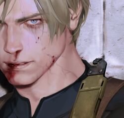 Rule 34 | 1boy, blonde hair, blood, blood on face, blue eyes, close-up, curtained hair, frown, holster, kenny (poe90), leon s. kennedy, looking at viewer, male focus, parted lips, portrait, resident evil, resident evil 4, resident evil 4 (remake), shirt, short hair, shoulder holster, simple background, solo, t-shirt, tight clothes, tight shirt, tile wall, tiles, veins