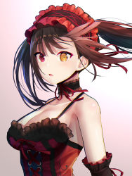 Rule 34 | 1girl, bare shoulders, black hair, blush, breasts, cleavage, clock eyes, commentary request, date a live, dress, floating hair, hairband, heterochromia, highres, lolita fashion, lolita hairband, long hair, looking at viewer, medium breasts, oekakizuki, open mouth, red eyes, ribbon, solo, symbol-shaped pupils, tokisaki kurumi, twintails, upper body, wind, yellow eyes