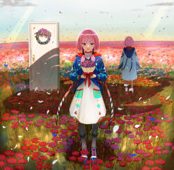 Rule 34 | 2girls, absurdres, black leggings, blue eyes, blue jacket, blurry, blurry background, boots, bouquet, clone, cloud, coat, cropped jacket, cross-laced footwear, dome, door, dress, facing away, facing viewer, falling petals, field, flower, flower field, flower wreath, full body, gradient sky, hair over shoulder, high collar, highres, holding, holding bouquet, hood, hood down, hooded jacket, isshiki (ffmania7), jacket, kaf (kamitsubaki studio), kamitsubaki studio, laplace (kamitsubaki studio), leggings, light rays, looking at viewer, low twintails, multicolored clothes, multicolored coat, multicolored eyes, multicolored jacket, multiple girls, open mouth, out of frame, own hands together, petals, pink hair, red eyes, shadow, sky, smile, standing, sunbeam, sunlight, twintails, virtual youtuber, white coat, white dress, yellow pupils