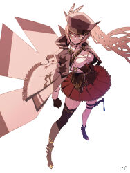 Rule 34 | 1girl, asymmetrical legwear, belt, breasts, brown capelet, brown cloak, brown corset, brown hair, brown hat, cape, capelet, cleavage, cleavage cutout, cloak, clothing cutout, corset, crossed bangs, feather hair ornament, feathers, gloves, hair ornament, hairclip, hat, highres, hololive, hololive english, holster, knife, knife sheath, large breasts, long hair, looking up, multicolored hair, nanashi mumei, pleated skirt, ponytail, red skirt, sheath, shirt, single thighhigh, skirt, solo, streaked hair, taka t, thigh holster, thigh strap, thighhighs, very long hair, virtual youtuber, white shirt, yellow eyes