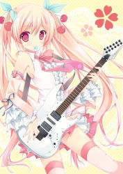 Rule 34 | 1girl, bad id, bad pixiv id, cherry, detached sleeves, electric guitar, fingernails, food, fruit, guitar, hatsune miku, instrument, long fingernails, long hair, mouth hold, nail polish, necktie, pink hair, pink thighhighs, plectrum, purinpurin, red eyes, sakura miku, shiny skin, skirt, smile, solo, thighhighs, twintails, very long hair, vocaloid