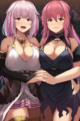 Rule 34 | 2girls, bare shoulders, barefoot, blue dress, boots, breasts, bridal gauntlets, choker, cleavage, dress, halterneck, highres, holding hands, horns, interlocked fingers, jewelry, kanzaki kureha, large breasts, long hair, looking at viewer, multicolored hair, multiple girls, necklace, o-ring, open mouth, original, pink eyes, pink hair, short hair, sidelocks, smile, standing, streaked hair, thigh boots, thighhighs, white dress, yellow eyes