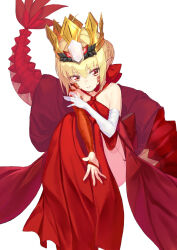 Rule 34 | 1girl, ahoge, bare shoulders, blonde hair, braid, breasts, coffeekite, crown, dragon tail, dress, elbow gloves, facial mark, fate/grand order, fate (series), french braid, gloves, hair bun, hair intakes, hair ribbon, highres, long hair, looking at viewer, nero claudius (fate), nero claudius (fate) (all), queen draco (fate), queen draco (first ascension) (fate), red dress, red eyes, red ribbon, ribbon, scales, single glove, small breasts, solo, tail, thighs, white gloves