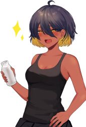 Rule 34 | 1girl, absurdres, agame-san (agamemega), agamemega, ahoge, bare shoulders, black tank top, blonde hair, blue hair, blush, bottle, breasts, cleavage, collarbone, colored inner hair, dark-skinned female, dark blue hair, dark skin, glass bottle, hair between eyes, hand on own hip, highres, holding, holding bottle, looking at viewer, milk, milk bottle, multicolored hair, open mouth, original, saliva, short hair, simple background, star (symbol), tank top, tongue, upper body, white background, yellow eyes