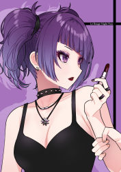 Rule 34 | 1girl, absurdres, bare shoulders, black choker, breasts, choker, cleavage, collarbone, cosmetics, diagonal bangs, earrings, eyeshadow, french text, goth fashion, gothic, highres, holding another&#039;s wrist, idolmaster, idolmaster shiny colors, jewelry, lipstick, lipstick tube, looking to the side, makeup, maou (demonlord), medium breasts, necklace, purple background, purple eyes, purple hair, ring, short hair, short twintails, sleeveless, solo focus, spiked choker, spikes, tanaka mamimi, twintails, two-tone background, upper body