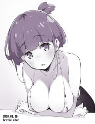 Rule 34 | 1girl, artist name, bent over, blunt bangs, breast rest, breasts, cleavage, collarbone, crossed arms, dated, head tilt, large breasts, looking at viewer, monochrome, no shirt, one side up, original, short hair, simple background, skirt, solo, tabata hisayuki