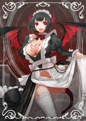 Rule 34 | 1girl, :d, apt, bat wings, black hair, black jacket, blunt bangs, border, bow, bowtie, breast tattoo, breasts, buttons, cleavage, cleavage cutout, clothes lift, clothing cutout, collar, demon girl, demon horns, demon wings, dress, dress lift, female focus, frilled sleeves, frills, garter straps, groin, highres, horns, jacket, juliet sleeves, key, keyring, large breasts, long sleeves, looking at viewer, maid, maid headdress, navel, navel cutout, open mouth, original, puffy long sleeves, puffy sleeves, red background, red bow, red bowtie, red eyes, short hair, simple background, smile, solo, standing, stomach, striped bow, striped bowtie, striped clothes, striped neckwear, tattoo, thigh gap, thighhighs, white border, white dress, white thighhighs, wings, zettai ryouiki