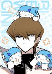 Rule 34 | 1boy, :|, black shirt, blue-eyes white dragon, blue-eyes white dragon (cosplay), blue eyes, bright pupils, brown hair, cinnamoroll, closed mouth, commentary request, cosplay, crossover, expressionless, high collar, highres, jacket, kaiba seto, looking at viewer, moemoenomori, open clothes, open jacket, portrait, sanrio, shirt, white jacket, white pupils, yu-gi-oh!