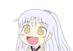 Rule 34 | 1girl, :d, angel beats!, blush, commentary, commentary request, cowlick, fang, from side, gyate gyate, hair ornament, hairclip, jacket, key (company), long hair, looking to the side, neck ribbon, open mouth, ribbon, school uniform, shirt, silver hair, simple background, smile, solo, taeminhyeon, tenshi (angel beats!), upper body, white background, white shirt, yellow eyes
