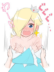 Rule 34 | 1girl, 1other, bare shoulders, blonde hair, blue dress, blue eyes, blush, clothes pull, covering privates, covering breasts, crown, dress, dress pull, earrings, embarrassed, hair over one eye, highres, jewelry, long hair, mario (series), nintendo, off-shoulder dress, off shoulder, open mouth, pov, rosalina, star (symbol), star earrings, super mario galaxy, tomatomiya, upper body, white background