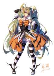 Rule 34 | 1girl, alternate costume, bare shoulders, bat wings, bow, brooch, closed mouth, collarbone, commentary, dated, detached sleeves, full body, garter straps, green eyes, green hair, hair ornament, halloween, hand on own head, hand on own hip, hatsune miku, highres, jewelry, long hair, long sleeves, looking at viewer, orange bow, orange skirt, pom pom (clothes), puffy short sleeves, puffy sleeves, short sleeves, signature, simple background, skirt, smile, solo, standing, strapless, striped clothes, striped thighhighs, thighhighs, twintails, very long hair, vocaloid, white background, wings, xiaobanbei milk