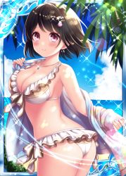 Rule 34 | 1girl, ass, back, beach, bikini, black hair, blue sky, breasts, collaboration, falkyrie no monshou, hair ornament, jewelry, looking at viewer, medium breasts, necklace, ocean, official art, pink eyes, shell hair ornament, shinkai no valkyrie, side-tie bikini bottom, sky, smile, stardrop, starfish hair ornament, swimsuit, white bikini