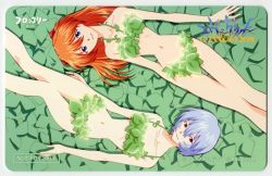 Rule 34 | 1990s (style), 2girls, ayanami rei, blue eyes, blue hair, card (medium), cleaned, collarbone, company name, copyright notice, hairpods, halterneck, interface headset, leaf, leaf bikini, light blue hair, logo, long hair, looking at viewer, multiple girls, navel, neon genesis evangelion, not for sale, official art, red eyes, red hair, retro artstyle, short hair, smile, souryuu asuka langley