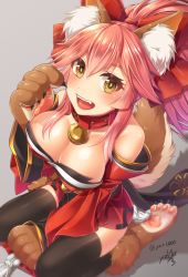Rule 34 | 1girl, animal ears, animal hands, bell, breasts, cleavage, collar, fang, fate/grand order, fate (series), fox ears, fox tail, hair ribbon, highres, japanese clothes, large breasts, long hair, looking at viewer, looking up, neck bell, open mouth, pink hair, ribbon, sitting, solo, tail, tamamo (fate), tamamo cat (fate), tamamo cat (first ascension) (fate), tamamo no mae (fate/extra), thighhighs, yellow eyes, yuzutosen
