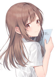 Rule 34 | 1girl, brown eyes, brown hair, closed mouth, collared shirt, commentary request, from behind, hand up, highres, holding, looking at viewer, looking back, midorikawa you, original, shirt, short sleeves, simple background, smile, solo, upper body, white background, white shirt