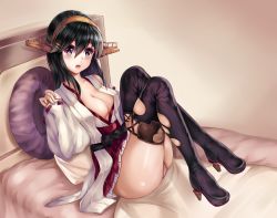 Rule 34 | 10s, 1girl, absurdres, bad id, bad pixiv id, bare shoulders, black hair, breasts, detached sleeves, hair ornament, hairband, hairclip, haruna (kancolle), highres, japanese clothes, kantai collection, long hair, nontraditional miko, open clothes, solo, thighhighs, torn clothes, torn thighhighs, zomzomzomsauce