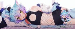 Rule 34 | 1boy, animal ear fluff, animal ears, aqua hair, black shorts, black thighhighs, blush, cat boy, cat ears, cat tail, chibi, clothing cutout, commission, coojisan, fish hair ornament, fishnets, freckles, gradient hair, hair ornament, highres, indie virtual youtuber, jacket, linechu, long sleeves, lying, male focus, multicolored hair, multiple views, on side, one eye closed, open clothes, open jacket, open mouth, pink hair, pom pom (clothes), shorts, single thighhigh, tail, thighhighs, trap, virtual youtuber, yellow eyes