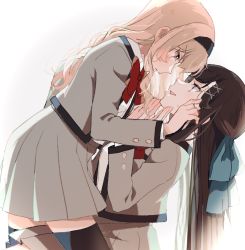 Rule 34 | 2girls, backlighting, bad id, bad pixiv id, black hairband, black legwear, blonde hair, blue bow, blush, bow, bowtie, brown hair, closed mouth, collared shirt, commentary request, eye contact, from side, girl on top, grey jacket, grey skirt, hair bow, hair ornament, hairband, hand on another&#039;s face, hands up, highres, jacket, kneeling, long hair, long sleeves, looking at another, multiple girls, nijiko (c2cs4q), open clothes, open jacket, parted lips, pleated skirt, profile, purple eyes, red neckwear, saijou claudine, school uniform, seishou music academy uniform, shirt, shirt tucked in, shoujo kageki revue starlight, simple background, sitting, skirt, smile, sweatdrop, tendou maya, thighhighs, white background, white shirt, x hair ornament, yuri