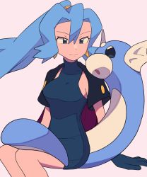 Rule 34 | 1girl, arm support, black cape, blue hair, bodysuit, breasts, cape, clair (pokemon), closed mouth, commentary request, creatures (company), dratini, earrings, game freak, gen 1 pokemon, girl and dragon, gloves, grey eyes, gym leader, hair between eyes, highres, jewelry, long hair, medium breasts, nintendo, pokemon, pokemon (creature), pokemon gsc, ponytail, sideboob, sitting, smile, tyako 089