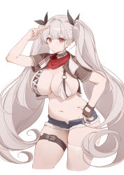 Rule 34 | 1girl, absurdres, alternate costume, animal print, arm up, azur lane, belt, breasts, brown gloves, brown shirt, choker, cleavage, closed mouth, cow print, crop top, cropped legs, cutoffs, denim, denim shorts, expressionless, fingerless gloves, formidable (azur lane), gloves, grey choker, hair ribbon, handkerchief, highres, large breasts, long hair, looking at viewer, micro shorts, nail polish, navel, neckerchief, open clothes, open fly, open shirt, red eyes, red nails, revealing clothes, ribbon, shibuya (kurokamishain), shirt, short sleeves, shorts, single glove, single thighhigh, solo, stomach, thigh belt, thigh strap, thighhighs, thighs, twintails, very long hair, white hair, white thighhighs
