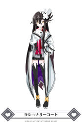 Rule 34 | 1girl, black hair, black thighhighs, blouse, cross, faust (makai shin trillion), full body, grey shirt, hair between eyes, hair ornament, half-closed eyes, hand on own chin, hand on own hip, highres, long hair, looking at viewer, makai shin trillion, miniskirt, necktie, official art, red necktie, shikigami, shirt, skirt, sleeveless, sleeveless shirt, solo, standing, thighhighs, very long hair, yellow eyes