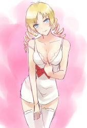 Rule 34 | 1girl, atlus, blonde hair, blue eyes, blush, bow, bra, breasts, catherine, catherine (game), cleavage, drill hair, lingerie, prime, sketch, smile, solo, thighhighs, twin drills, twintails, underwear, waist bow, white thighhighs