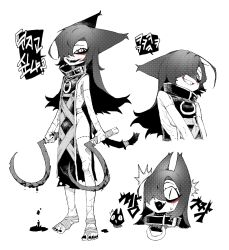 Rule 34 | 1girl, :3, ahoge, animal ears, bags under eyes, bandaged foot, bandaged tail, bandages, blood, blood drip, bloody weapon, cat, cat ears, cat girl, cat tail, dotted line, dual wielding, expressions, full body, greyscale, grin, hair over one eye, halftone, hb 091, highres, holding, long hair, looking at viewer, monochrome, open mouth, original, pelvic curtain, scar, scar on arm, scar on leg, sideless outfit, simple background, slit pupils, smile, solo, spot color, standing, surprised, sword, tail, teeth, weapon, white background